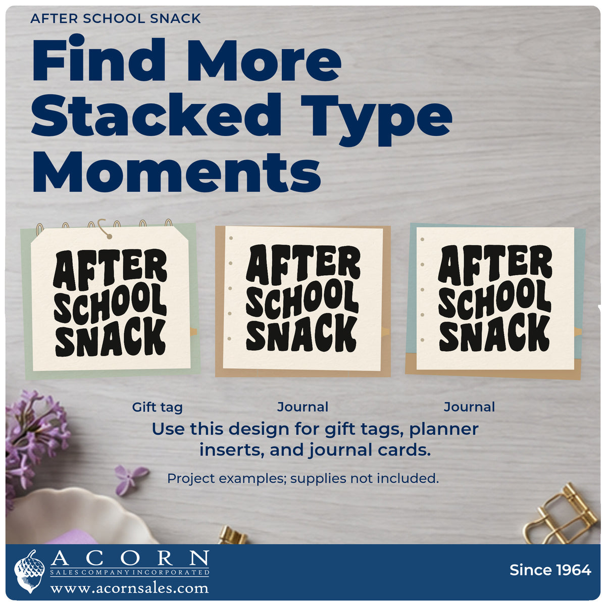 Three project examples made with the After School Snack Block Lettering Stamp – Self-Inking, including fruit crate labels.