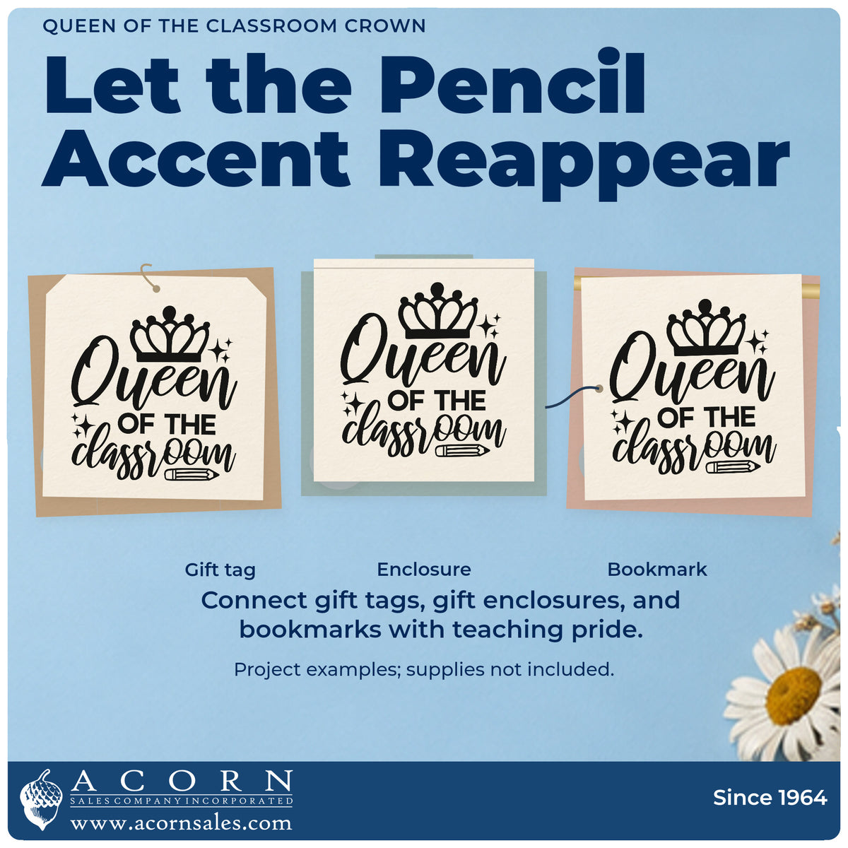 Three project examples made with the Duo Hand Queen Of The Classroom Crown Rubber Stamp, including cake stand labels.