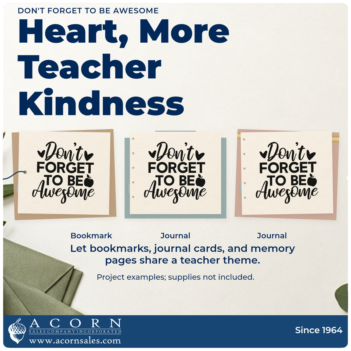 Three project examples made with the Don't Forget To Be Awesome Pre-Inked Stamp – PSI, including mirror vinyl labels.