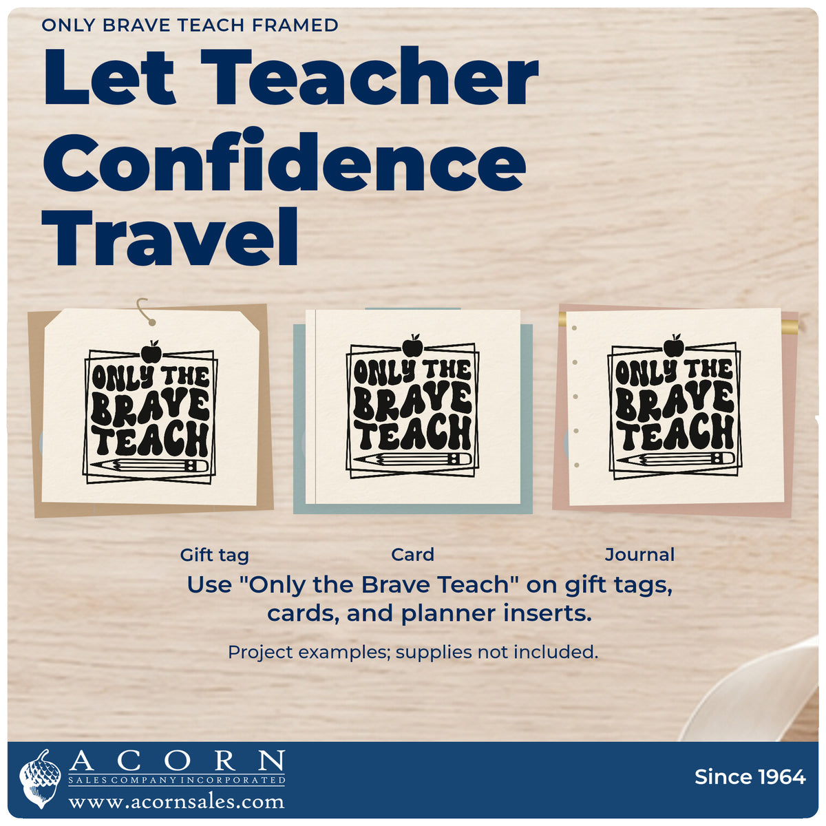 Three project examples made with the Only Brave Teach Framed Rubber Stamp – Duo Hand, including storage box labels.