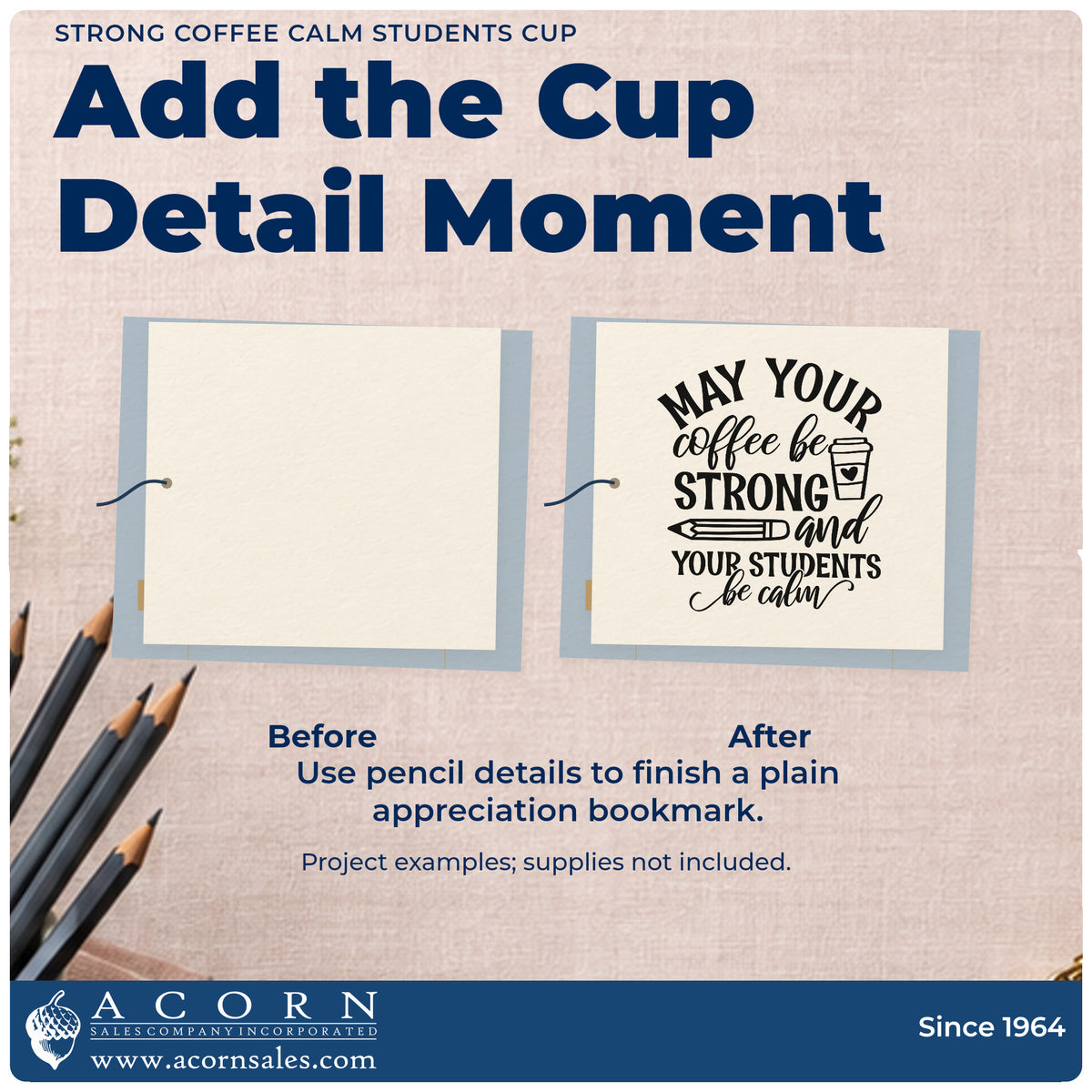 Before and after of a plain item finished with the Strong Coffee Calm Students Cup Pencil Craft Stamp – Self-Inking, a quick upgrade for caddy lid seals.