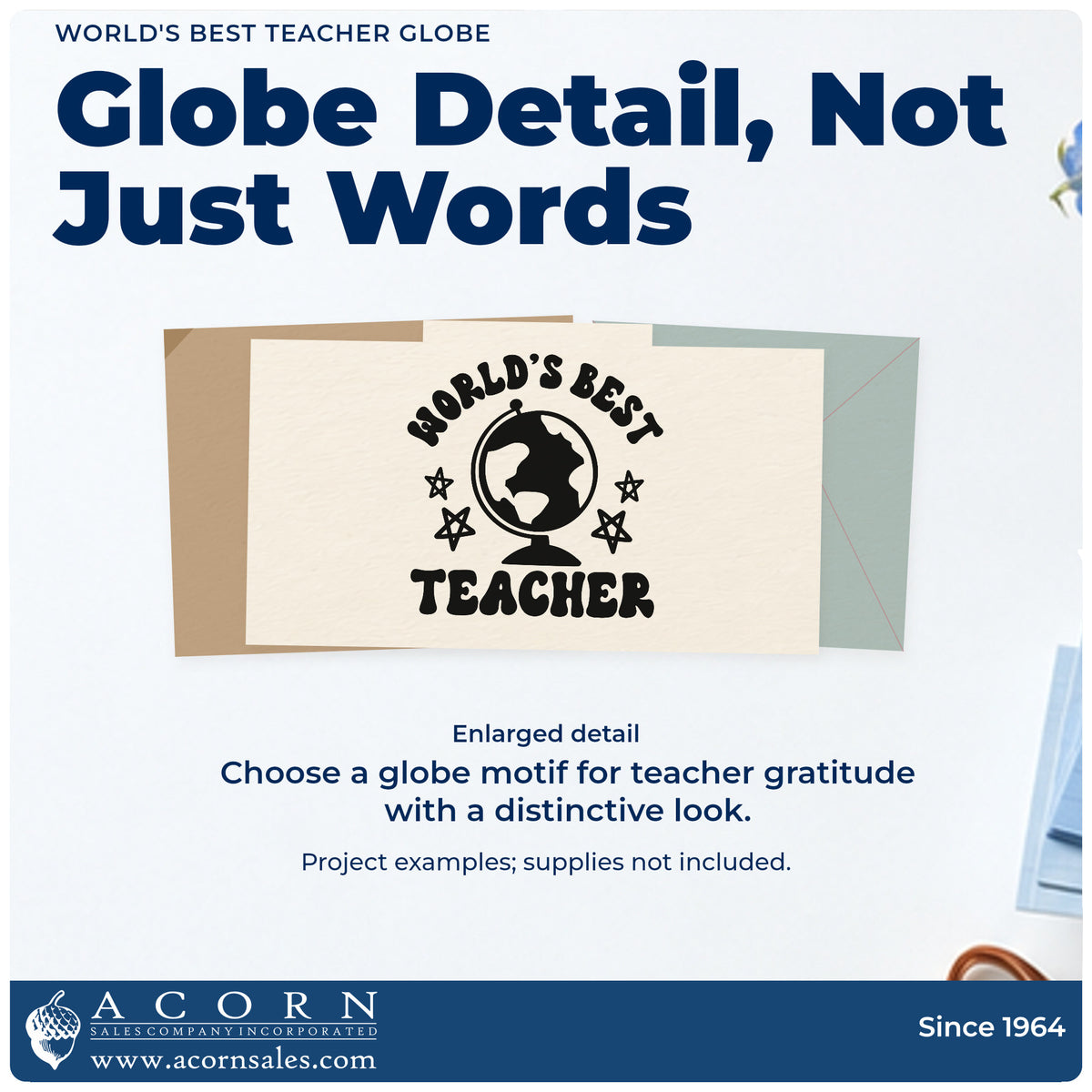Enlarged detail of the World's Best Teacher Globe Stamp – Wood Handle imprint. “World's Best Teacher” surrounds a globe with hand-drawn stars.