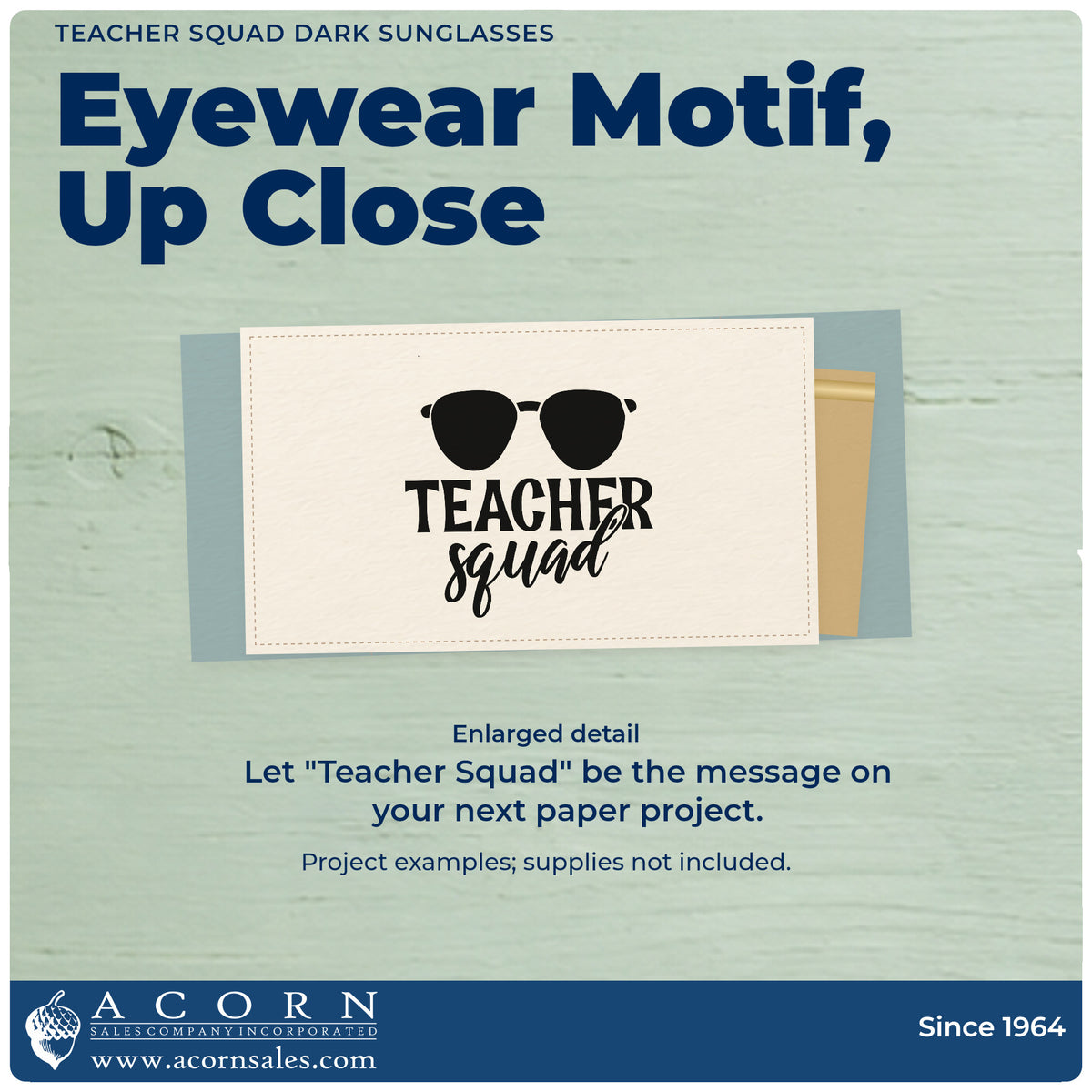Enlarged detail of the PSI Pre-Inked Teacher Squad Solid Sunglasses Stamp imprint. A pair of dark sunglasses sits above “Teacher Squad.”