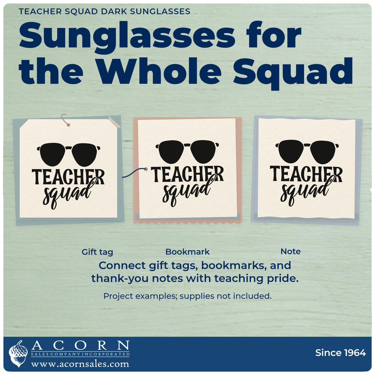Three project examples made with the Teacher Squad Solid Sunglasses Slim Pre-Inked Stamp, including suncream pot labels.