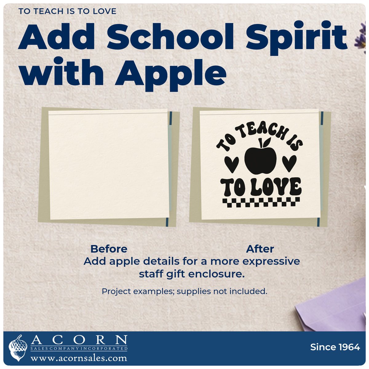 Before and after of a plain item finished with the To Teach Is To Love Apple Premium Wooden Stamp – Vintage Pro, a quick upgrade for paper bag seals.