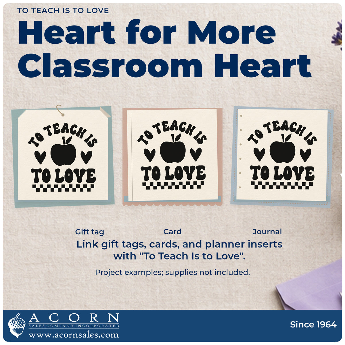 Three project examples made with the To Teach Is To Love Apple Self-Inking Craft Stamp, including cupcake box labels.
