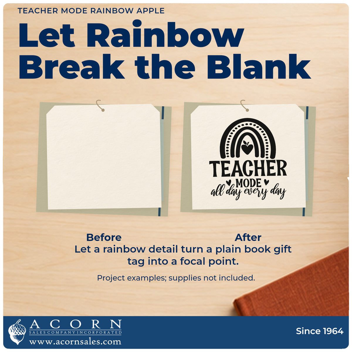 Before and after of a plain item finished with the Teacher Mode Rainbow Apple Rubber Stamp – Wood Handle, a quick upgrade for craft pack seals.