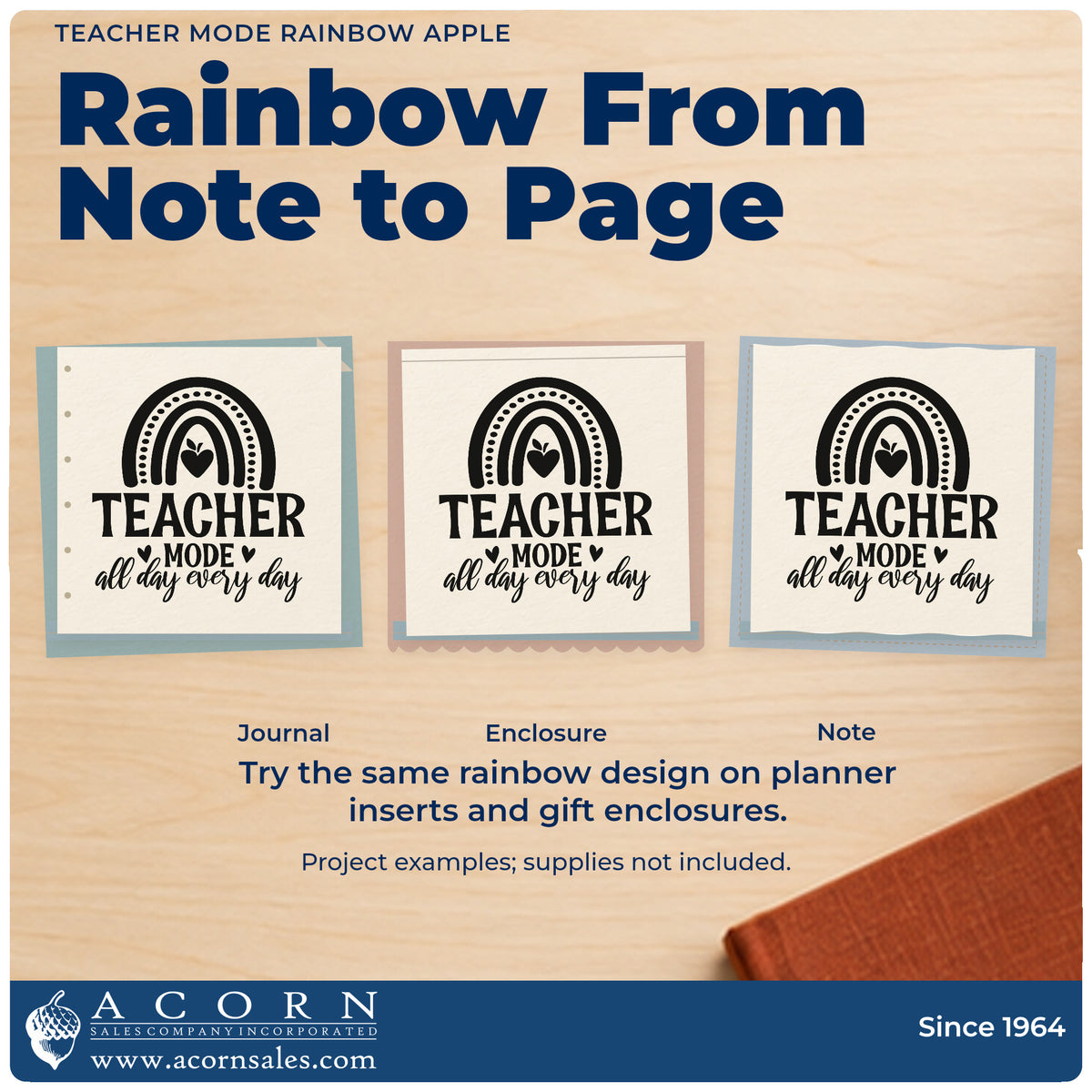 Three project examples made with the Teacher Mode Rainbow Apple Rubber Stamp – Wood Handle, including paint pot labels.