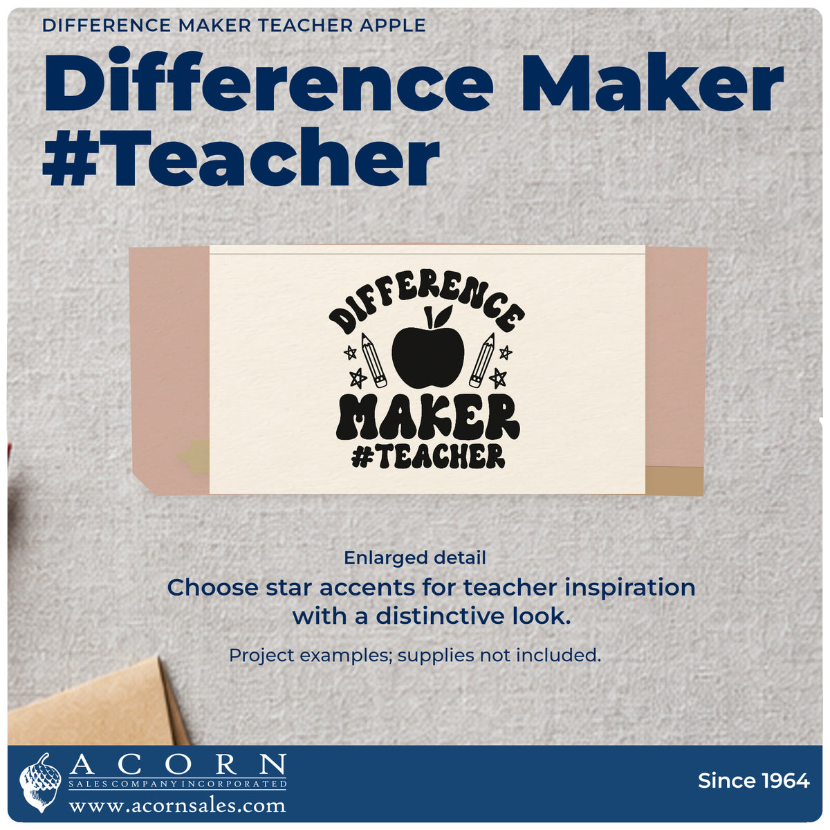 Enlarged detail of the Difference Maker Teacher Apple Stamp – Slim Pre-Inked imprint. “Difference Maker #Teacher” surrounds an apple with pencils and stars.
