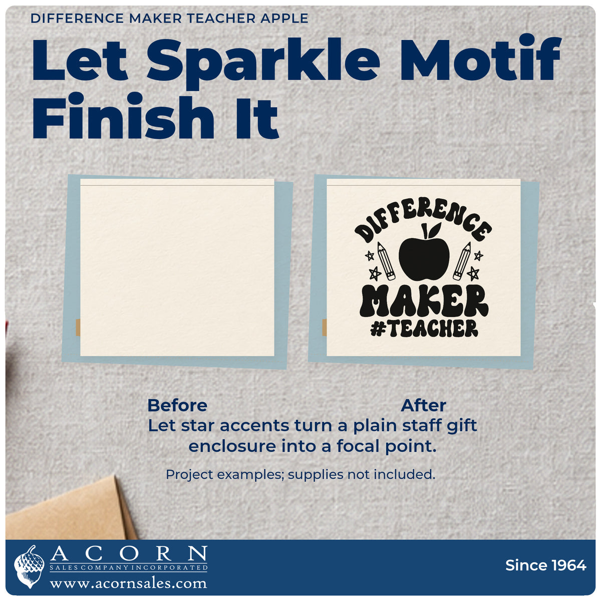 Before and after of a plain item finished with the Difference Maker Teacher Apple Stamp – Slim Pre-Inked, a quick upgrade for ballot fold seals.