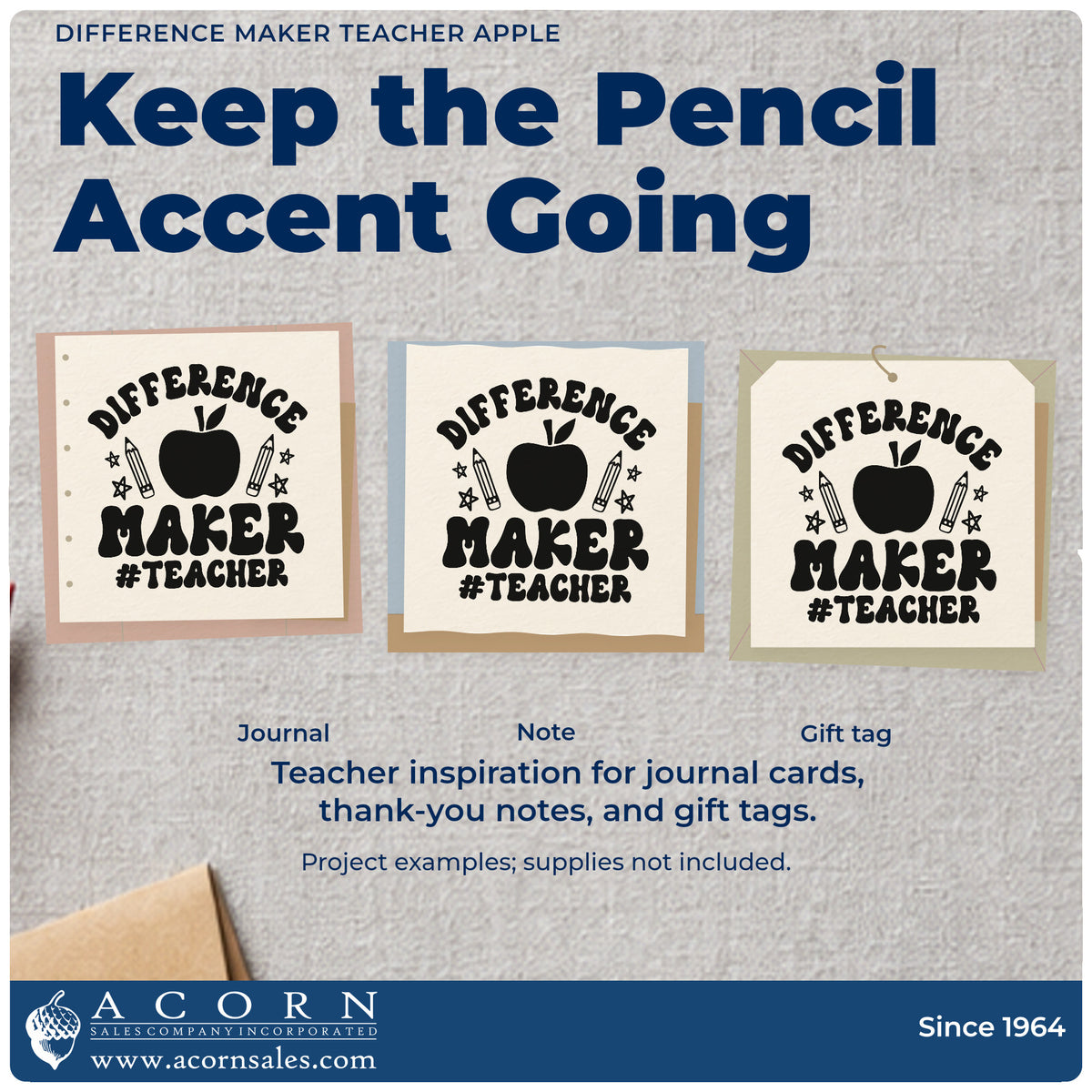 Three project examples made with the Difference Maker Teacher Apple PSI Pre-Inked Stamp, including pin backing labels.