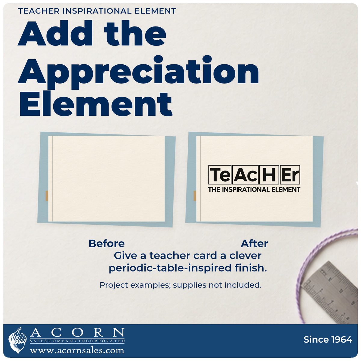 Before and after of a plain item finished with the Inspirational Teacher Element Design Wood Handle Stamp, a quick upgrade for hazard card seals.
