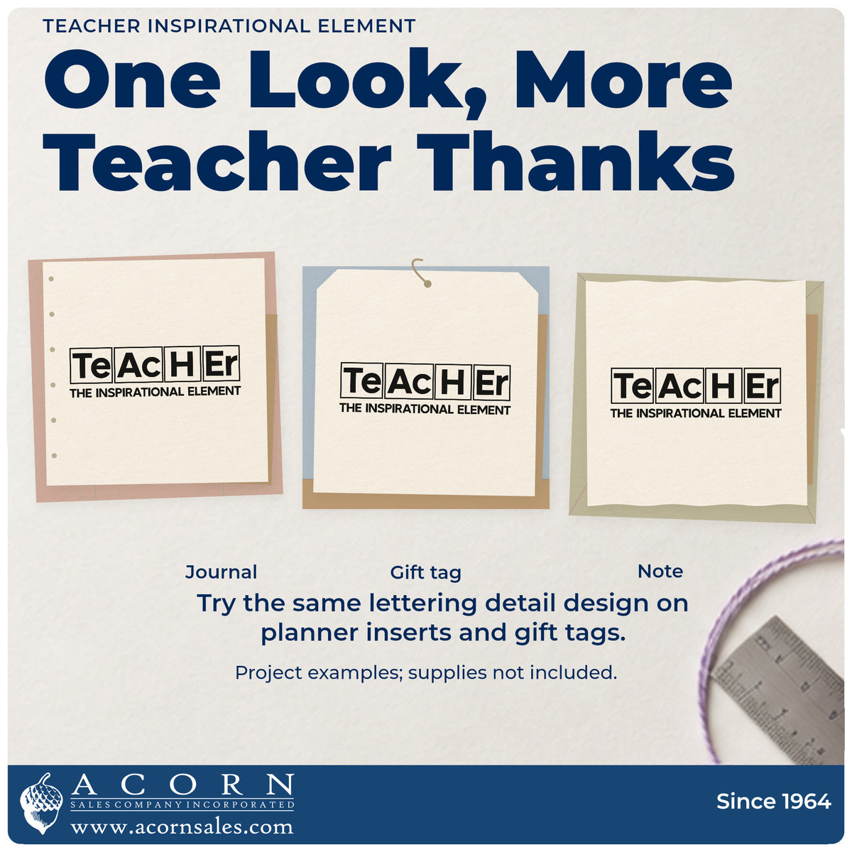 Three project examples made with the Inspirational Teacher Element Design Rubber Stamp – Duo Hand, including test tube labels.