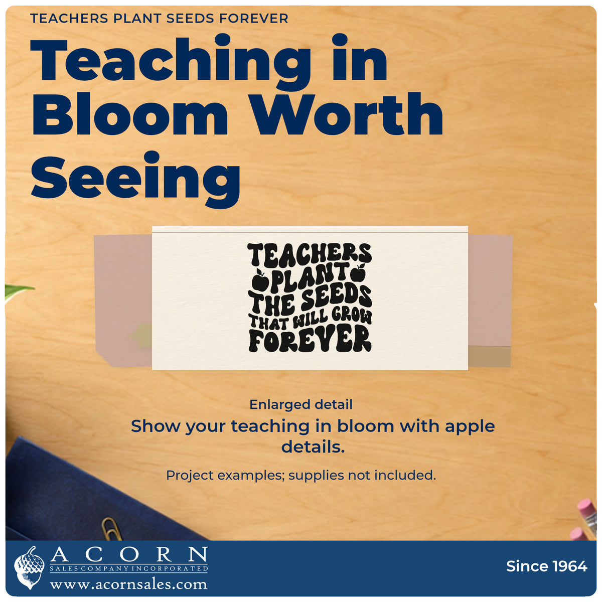 Enlarged detail of the Teachers Plant The Seeds That Will Grow Forever Hand Stamp – Duo imprint. “Teachers Plant the Seeds That Will Grow Forever” uses chunky lettering accented with apples.