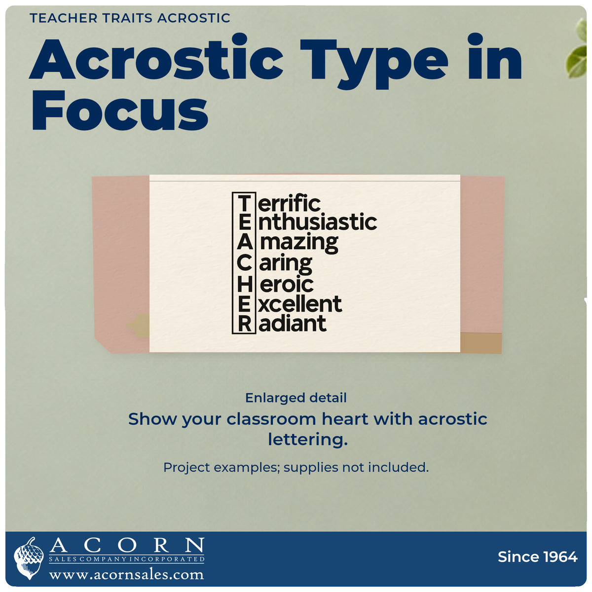 Enlarged detail of the Teacher Traits Boxed Acrostic Compact Pre-Inked Stamp – Slim imprint. A boxed vertical TEACHER begins Terrific, Enthusiastic, Amazing, Caring, Heroic, Excellent, and Radiant.