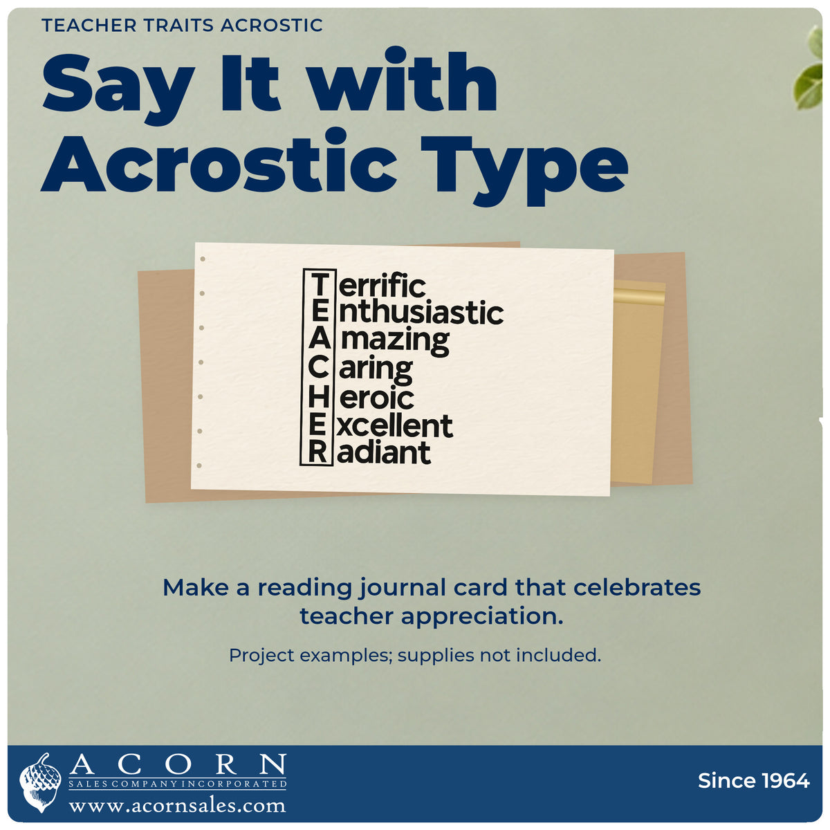 A finished handmade project stamped with the Teacher Traits Boxed Acrostic Premium Wooden Stamp – Vintage Pro, ideal for adjective tags.