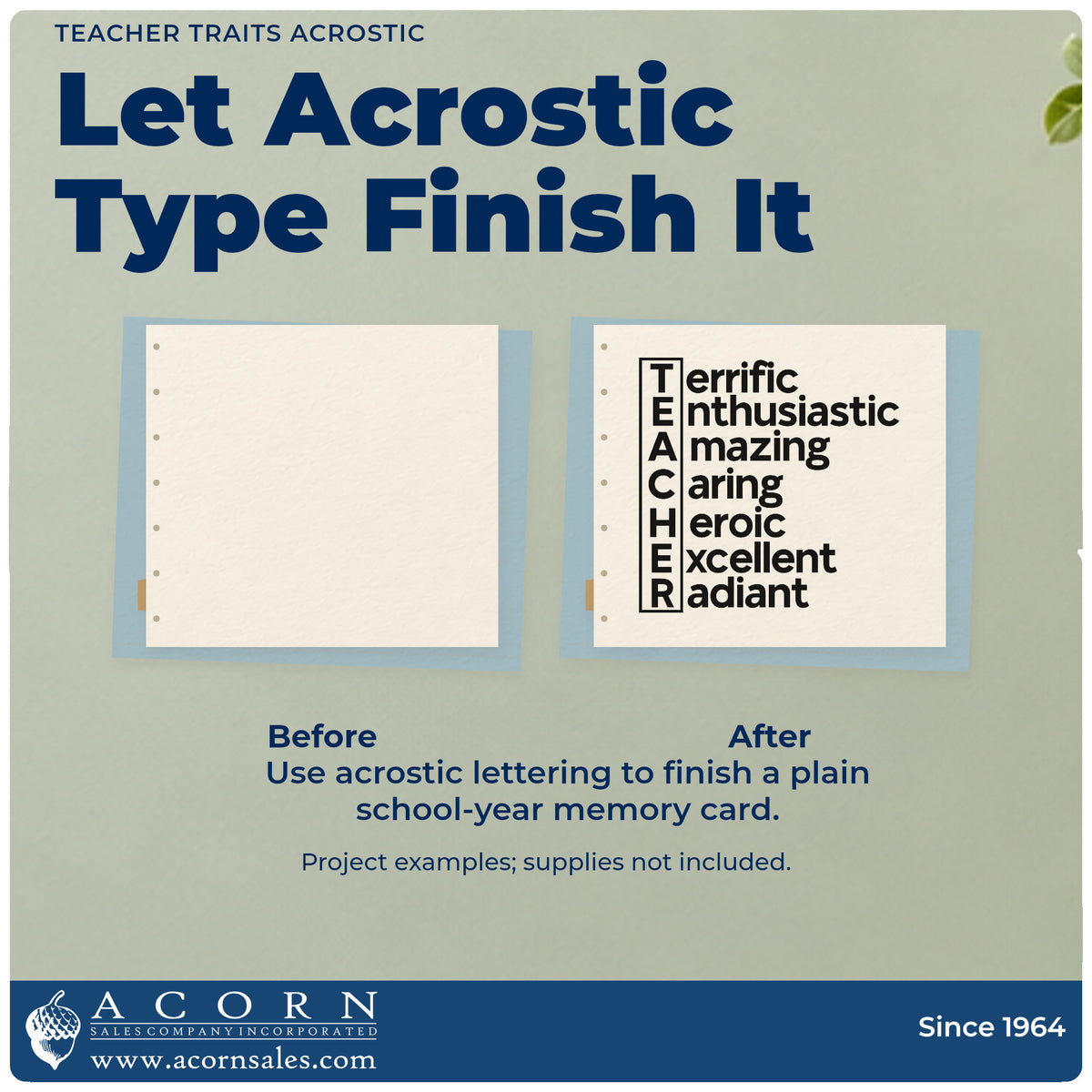 Before and after of a plain item finished with the Teacher Traits Boxed Acrostic Self-Inking Stamp, a quick upgrade for praise post seals.