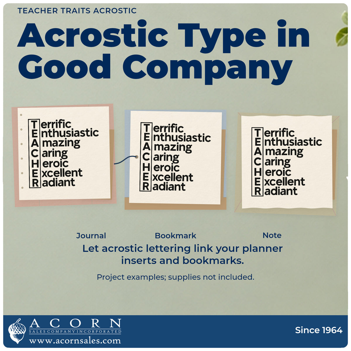 Three project examples made with the Teacher Traits Boxed Acrostic Premium Wooden Stamp – Vintage Pro, including letter bin labels.