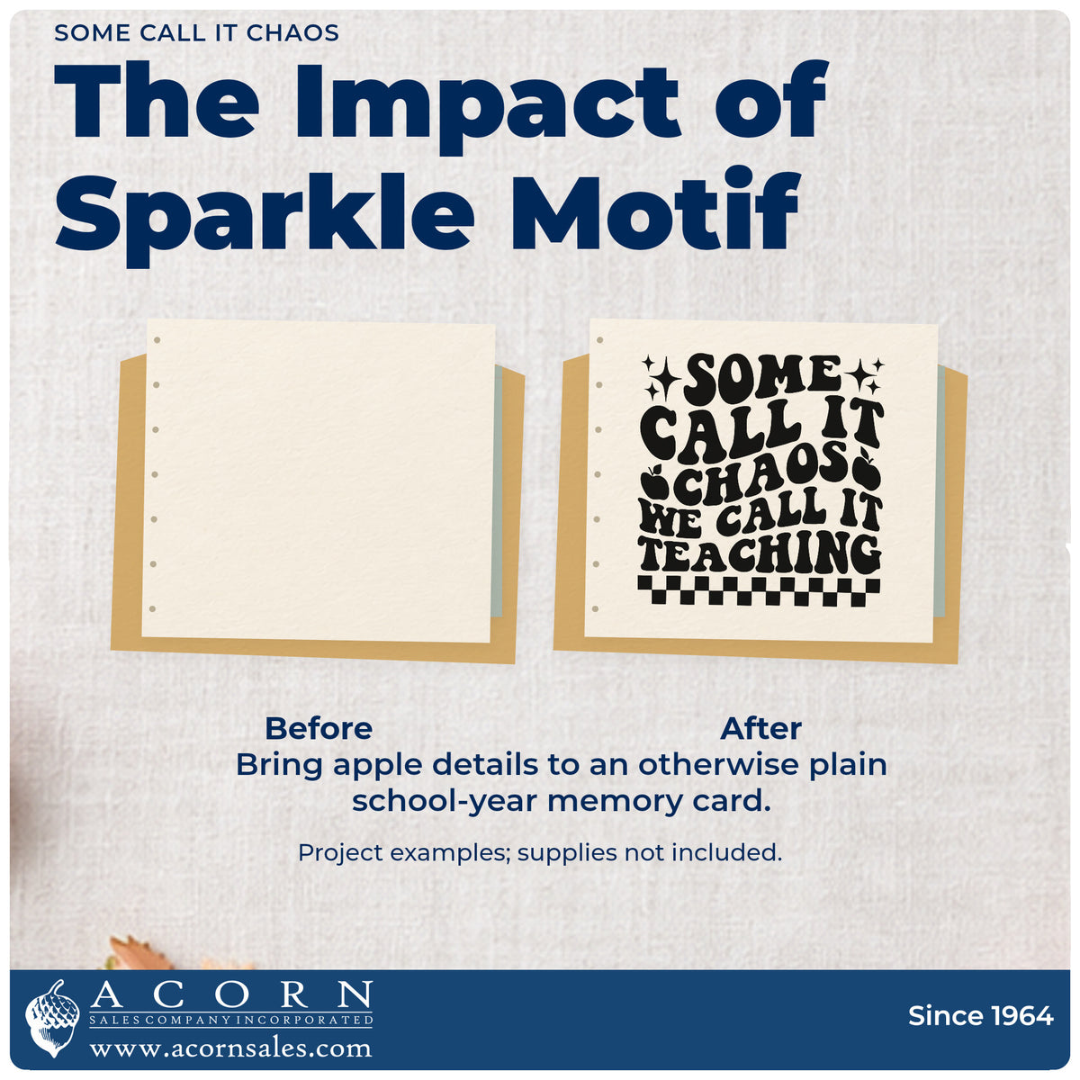 Before and after of a plain item finished with the Some Call It Chaos We Call It Teaching Rubber Stamp – Wood Handle, a quick upgrade for activity pack seals.