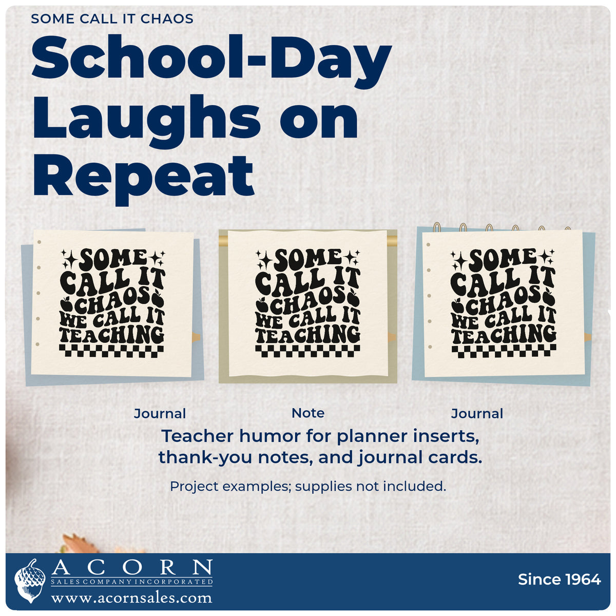 Three project examples made with the Self-Inking Some Call It Chaos We Call It Teaching Stamp, including craft trolley labels.