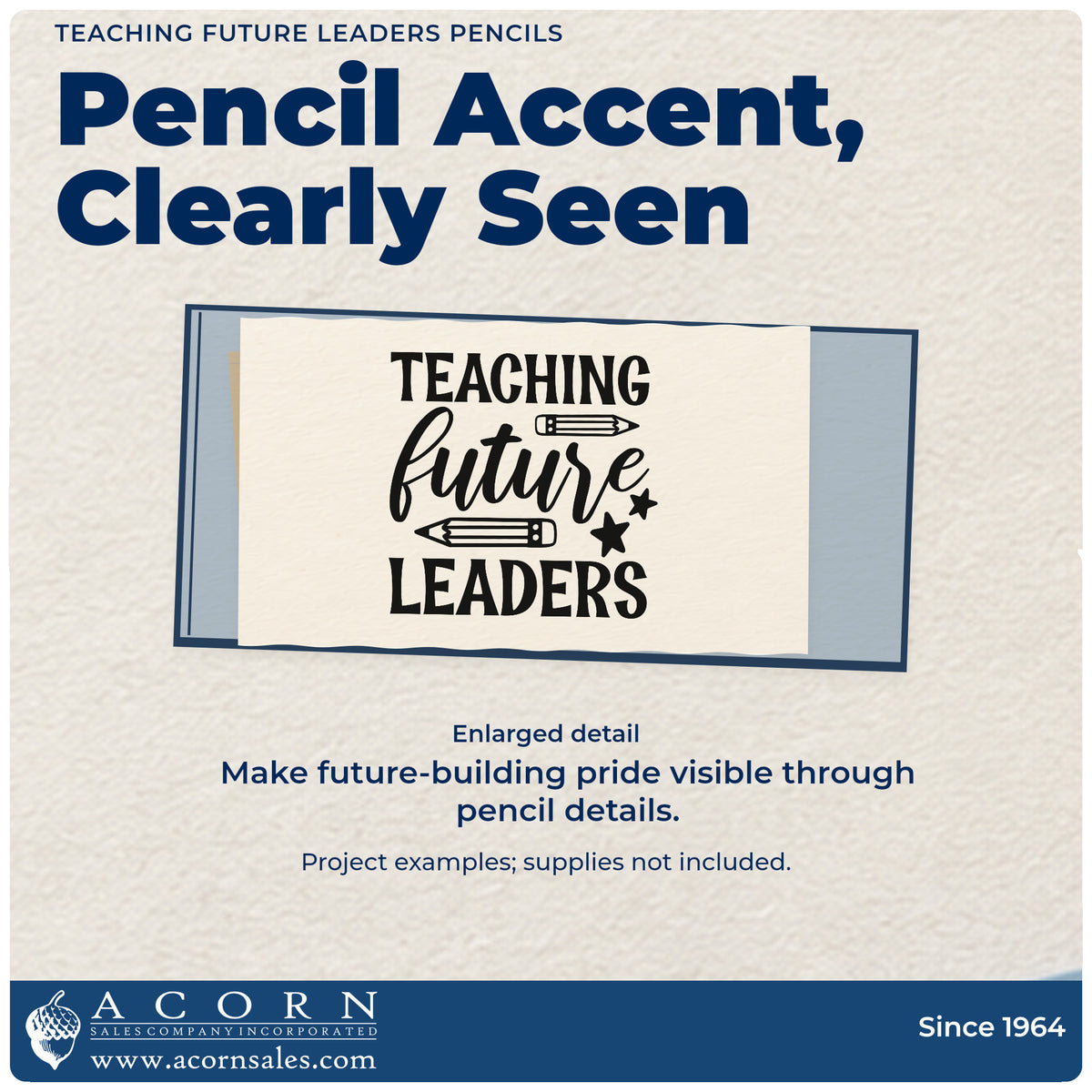 Enlarged detail of the Teaching Future Leaders Pencils Wood Handle Stamp imprint. “Teaching Future Leaders” features two pencils and stars.