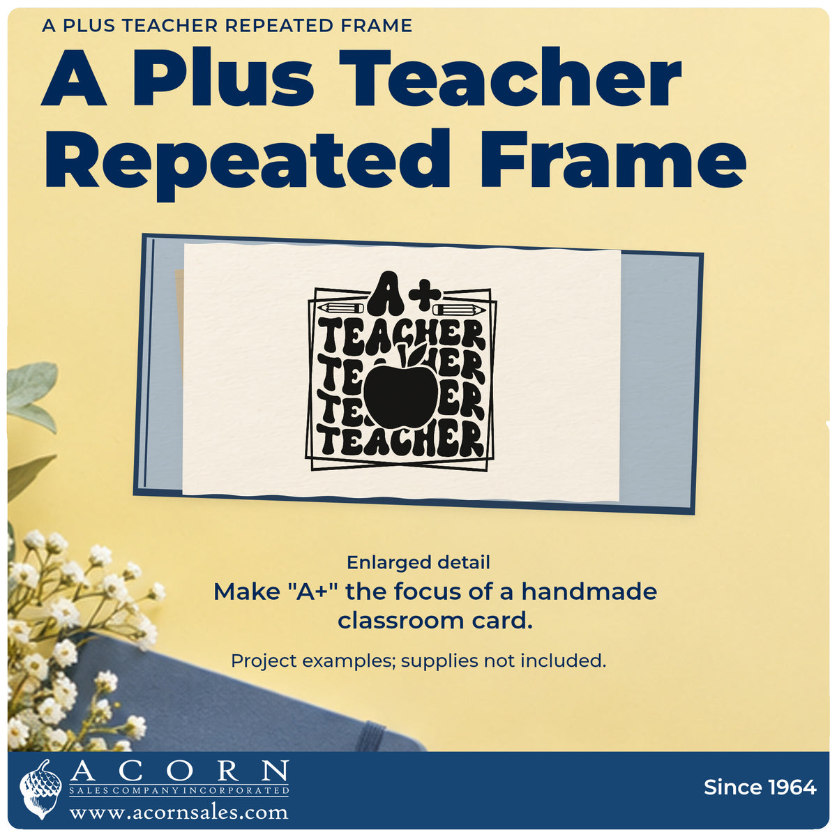 Enlarged detail of the A Plus Teacher Repeated Framed Lettering Self-Inking Stamp imprint. “A+” tops repeated “Teacher” lettering behind an apple inside overlapping frames, with pencils above.