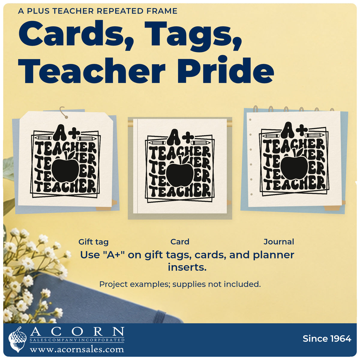 Three project examples made with the A Plus Teacher Repeated Framed Lettering Self-Inking Stamp, including revision box labels.