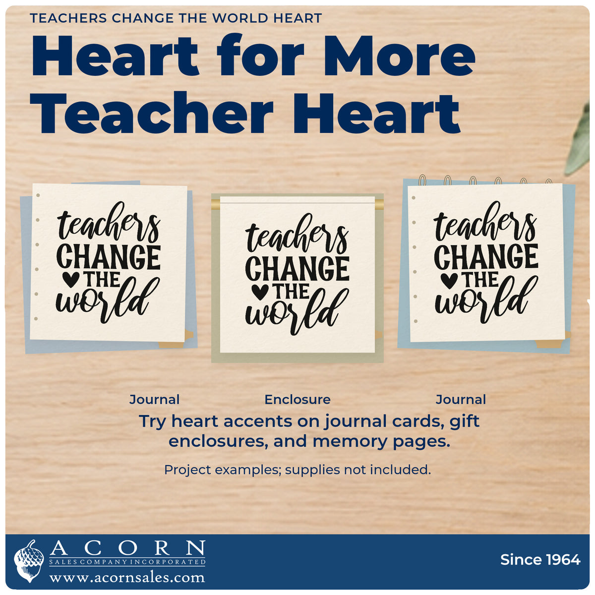 Three project examples made with the Teachers Change The World Heart Slim Pre-Inked Stamp, including donation tin labels.
