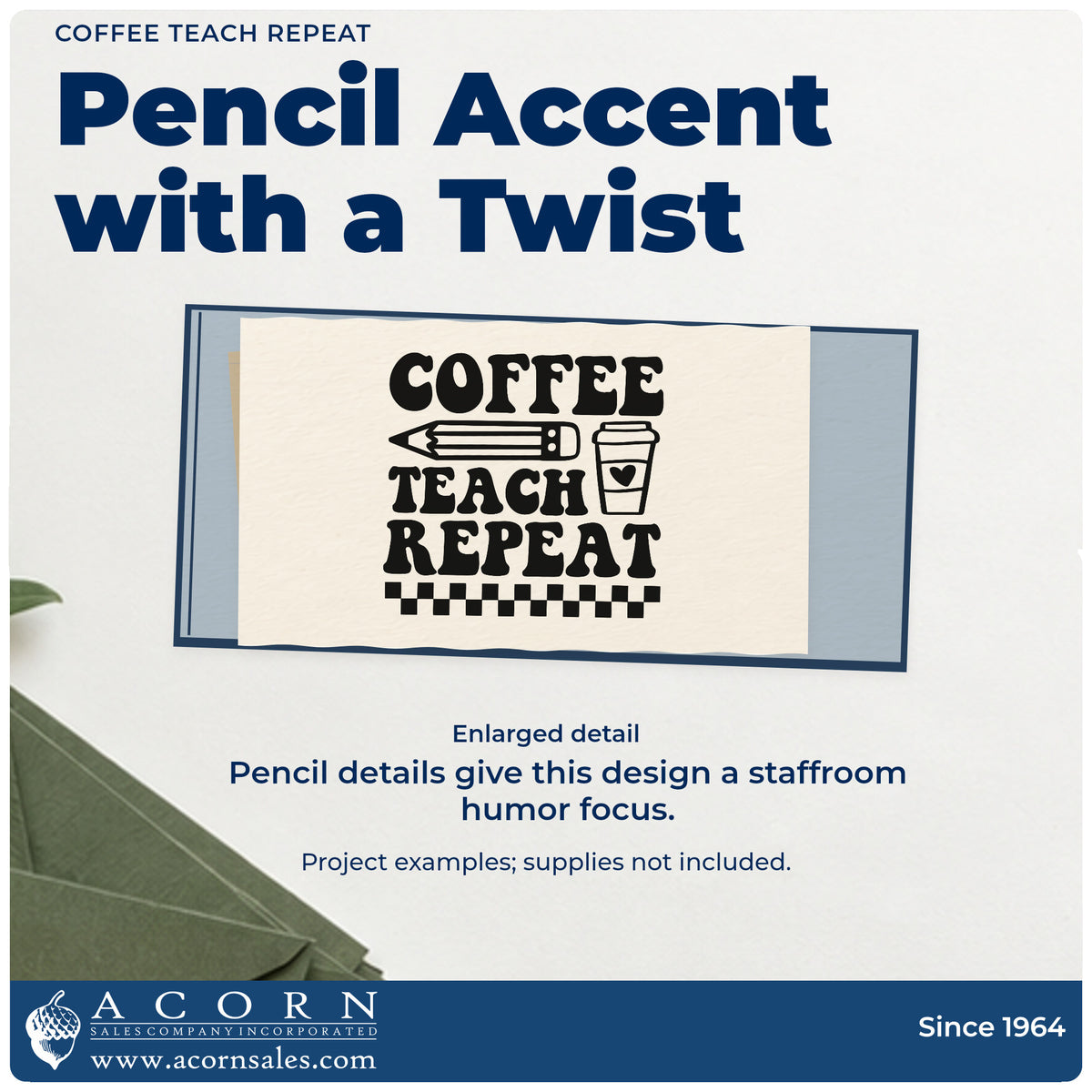 Enlarged detail of the Coffee Teach Repeat Self-Inking Stamp imprint. “Coffee Teach Repeat” appears with a pencil, takeaway coffee cup, and checkerboard border.