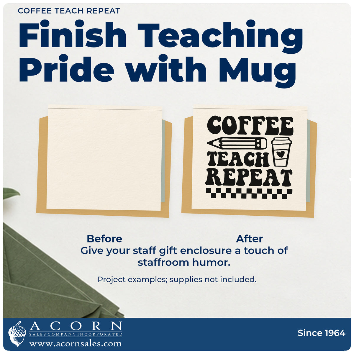 Before and after of a plain item finished with the Coffee Teach Repeat Pre-Inked Stamp – PSI, a quick upgrade for takeaway cup seals.