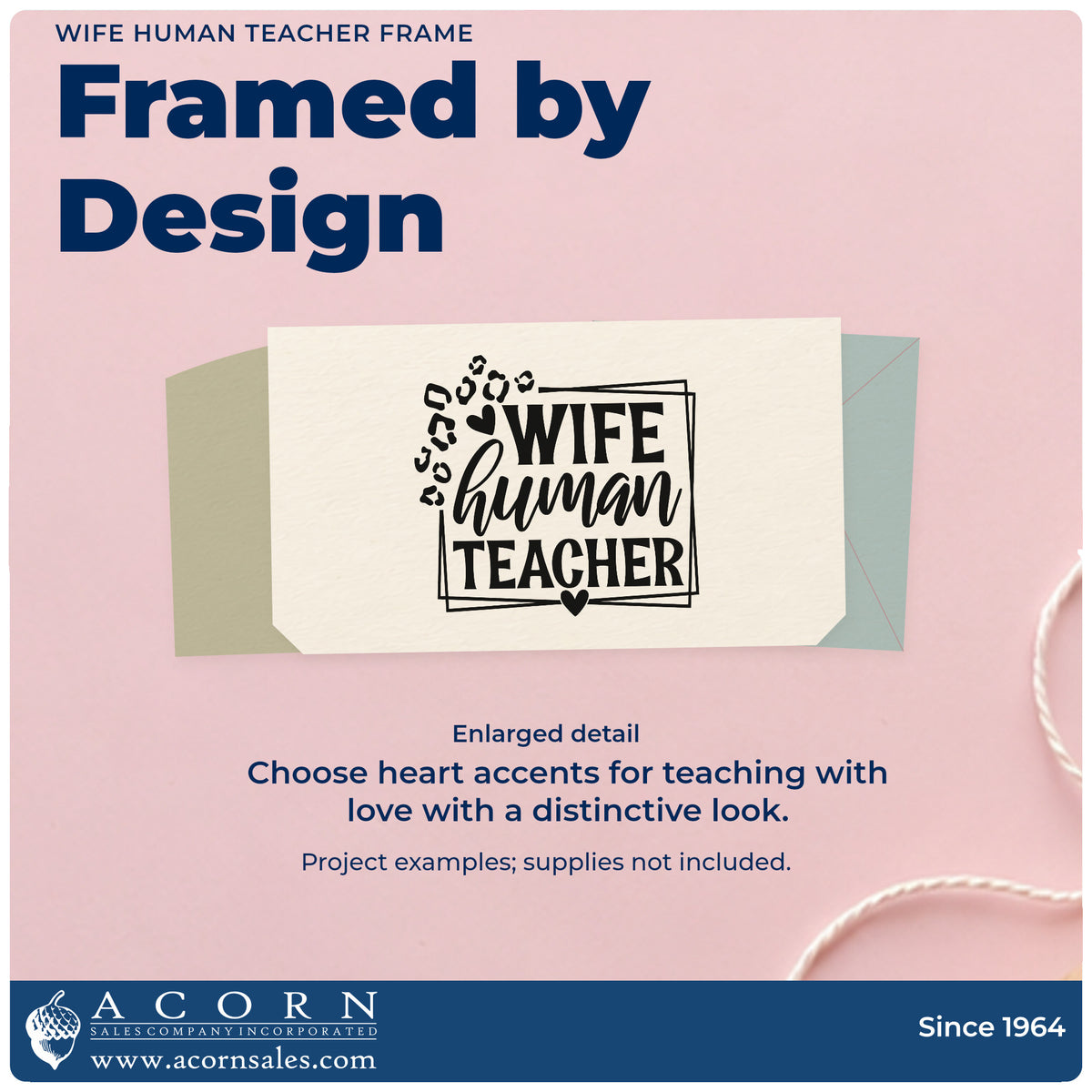 Enlarged detail of the Vintage Pro Wife Human Teacher Frame Premium Wooden Stamp imprint. “Wife Human Teacher” sits in a sketched frame with animal-print spots and a heart.