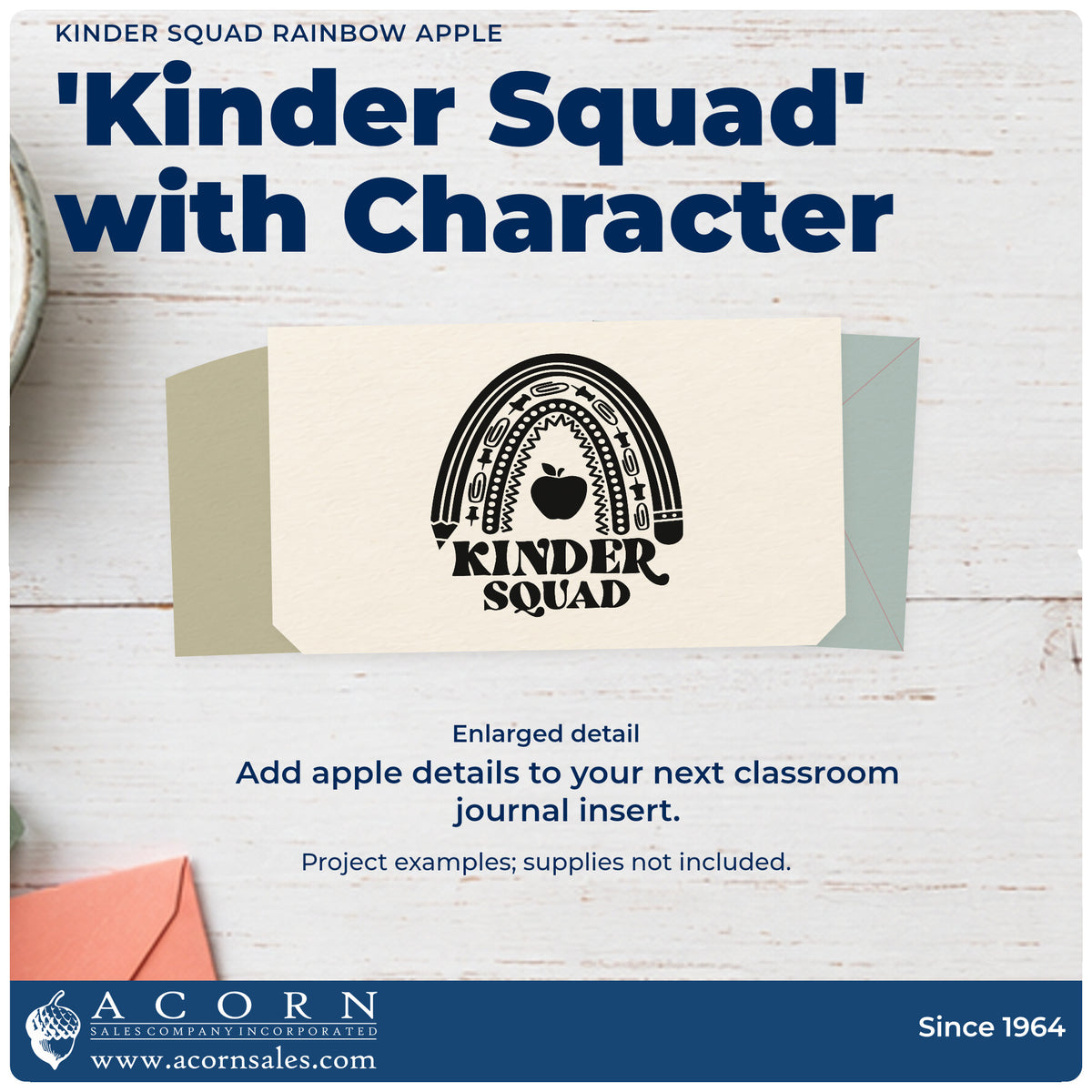 Enlarged detail of the Kinder Squad Rainbow Apple Pencil Rubber Stamp – Wood Handle imprint. “Kinder Squad” appears beneath a patterned pencil-ended rainbow surrounding an apple.