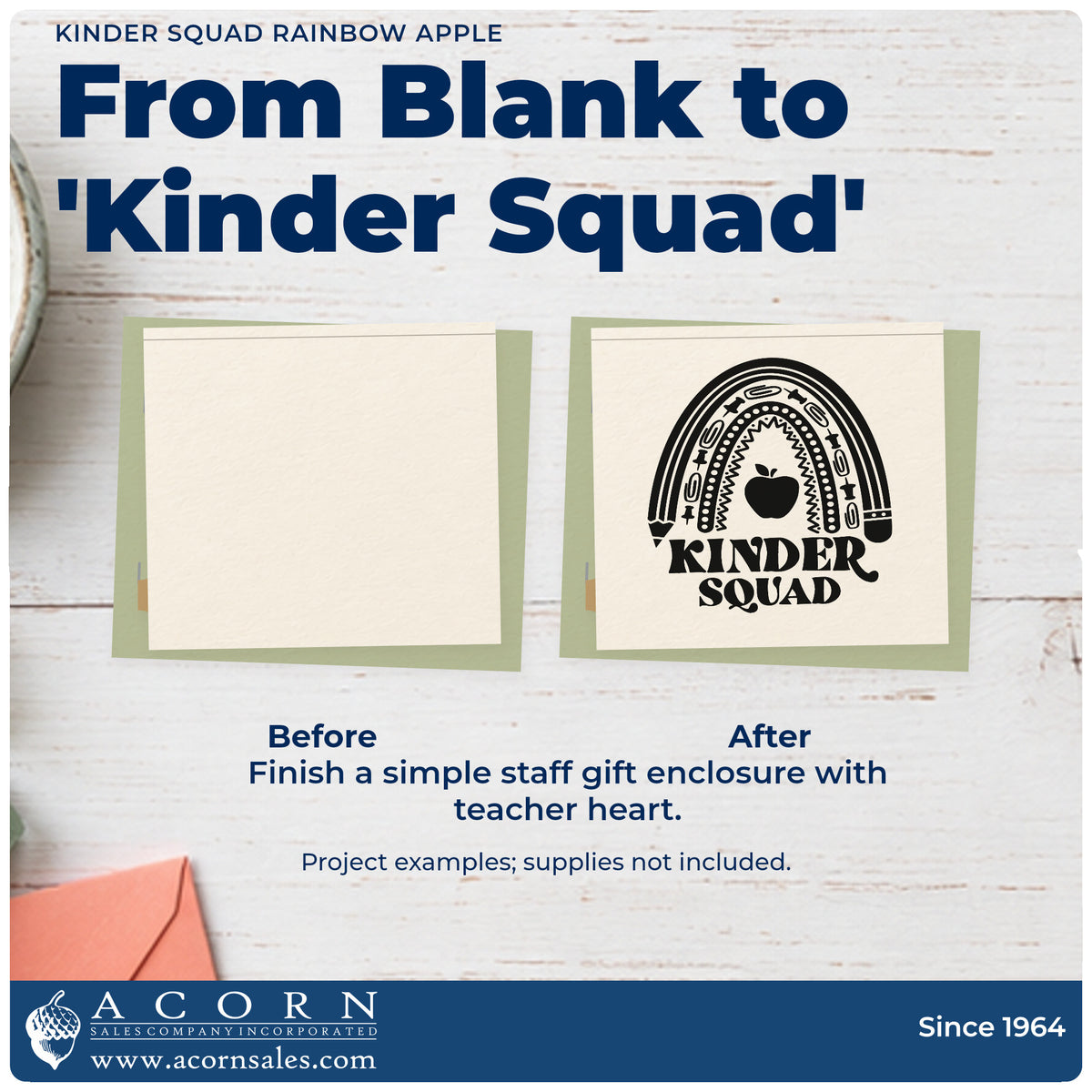 Before and after of a plain item finished with the Kinder Squad Rainbow Apple Pencil Rubber Stamp – Wood Handle, a quick upgrade for book bag seals.