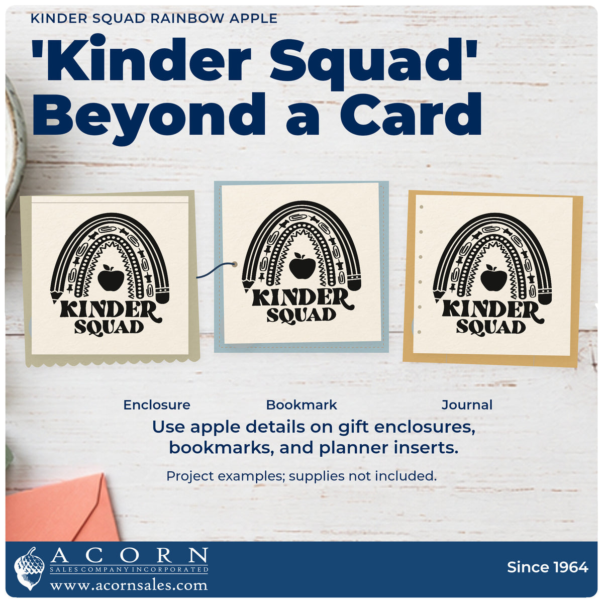 Three project examples made with the Kinder Squad Rainbow Apple Pencil Premium Wooden Stamp – Vintage Pro, including tray front labels.