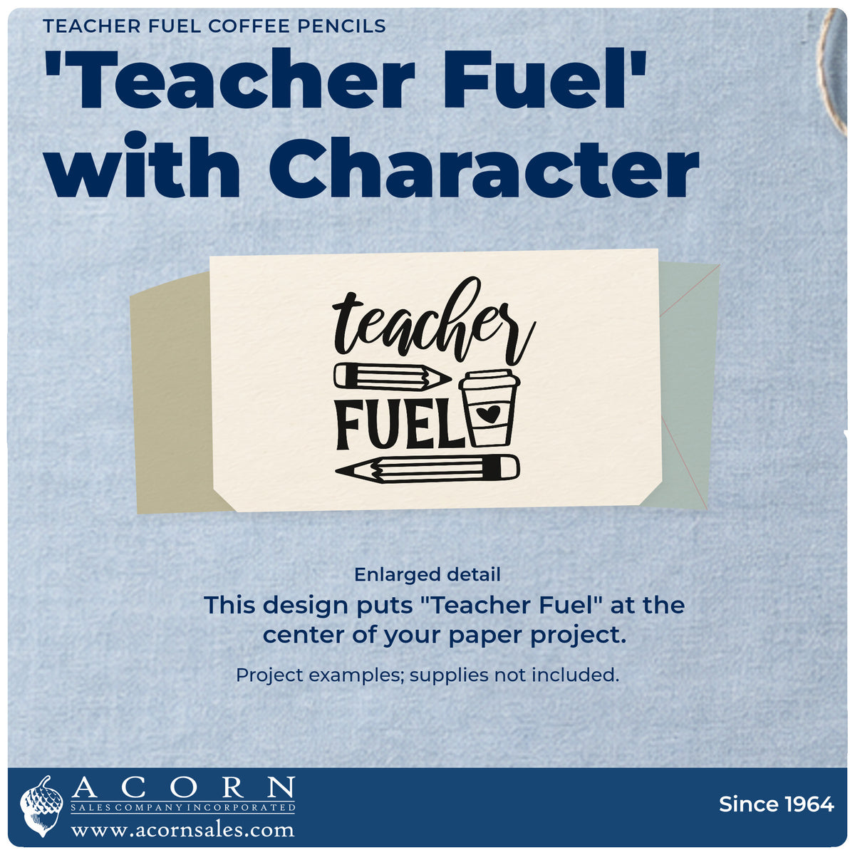 Enlarged detail of the Teacher Fuel Coffee Pencils Wood Handle Stamp imprint. “Teacher Fuel” appears with two pencils and a takeaway cup with a heart.