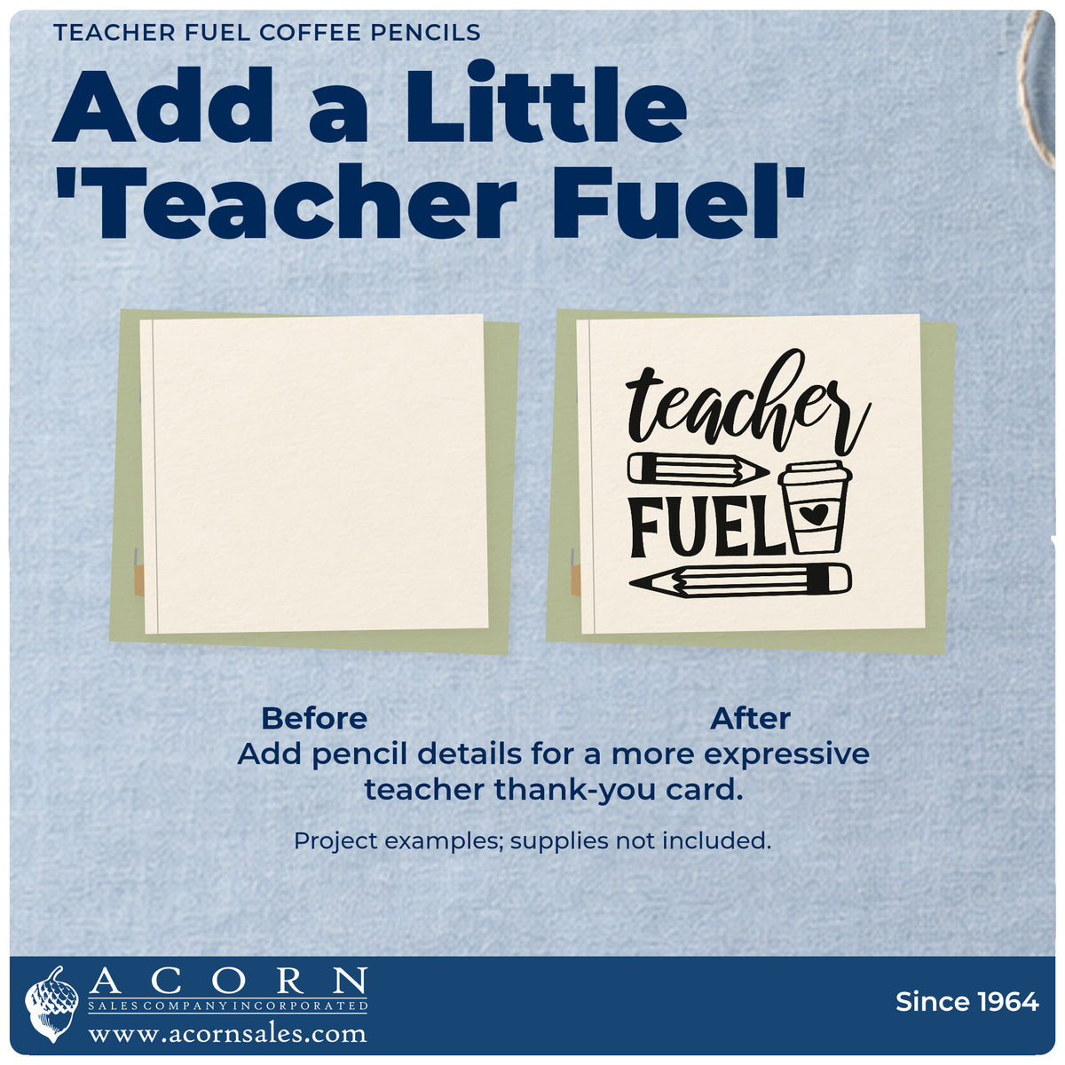 Before and after of a plain item finished with the Teacher Fuel Coffee Pencils Wood Handle Stamp, a quick upgrade for gift box seals.