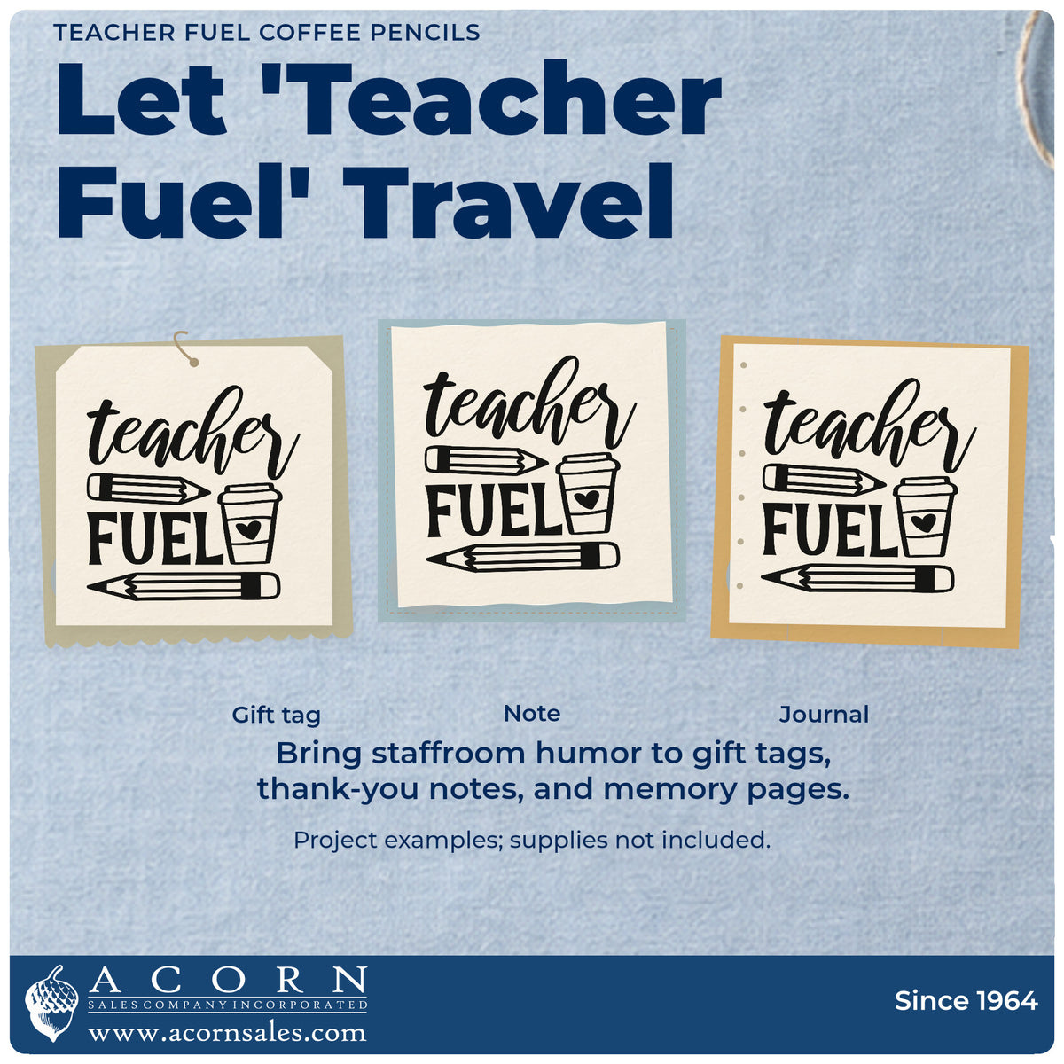 Three project examples made with the Teacher Fuel Coffee Pencils Premium Wooden Stamp – Vintage Pro, including coffee tin labels.