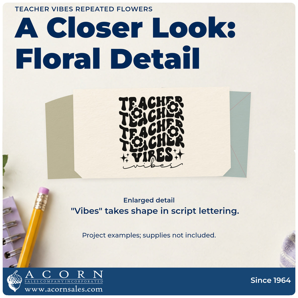 Enlarged detail of the Teacher Vibes Repeated Flowers With Sparkles Stamp – Premium Vintage Pro Wooden imprint. Repeated “Teacher” lettering with flowers sits above “Vibes,” sparkles, and script “Vibes.”
