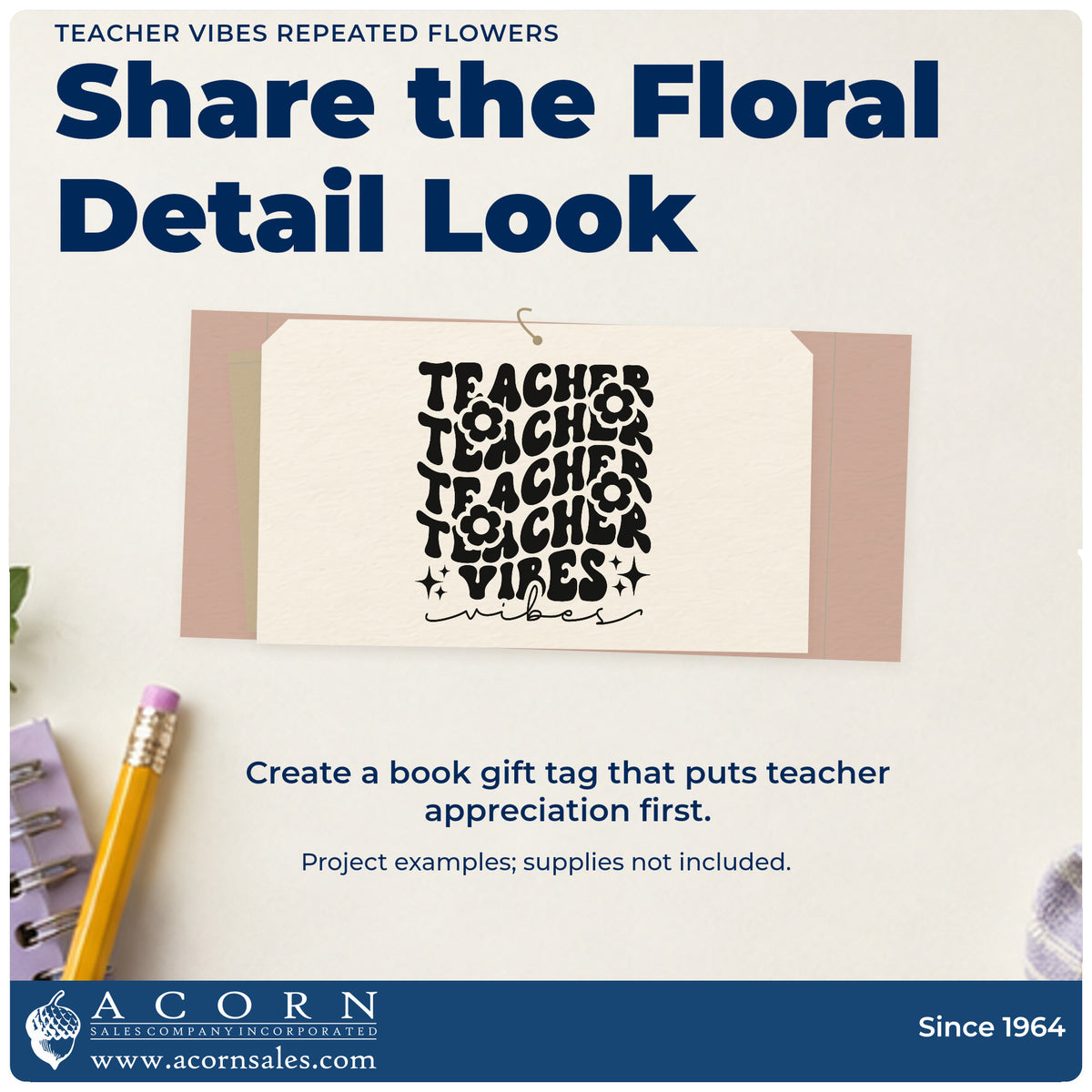 A finished handmade project stamped with the Teacher Vibes Repeated Flowers With Sparkles Stamp – Premium Vintage Pro Wooden, ideal for flower swap tags.