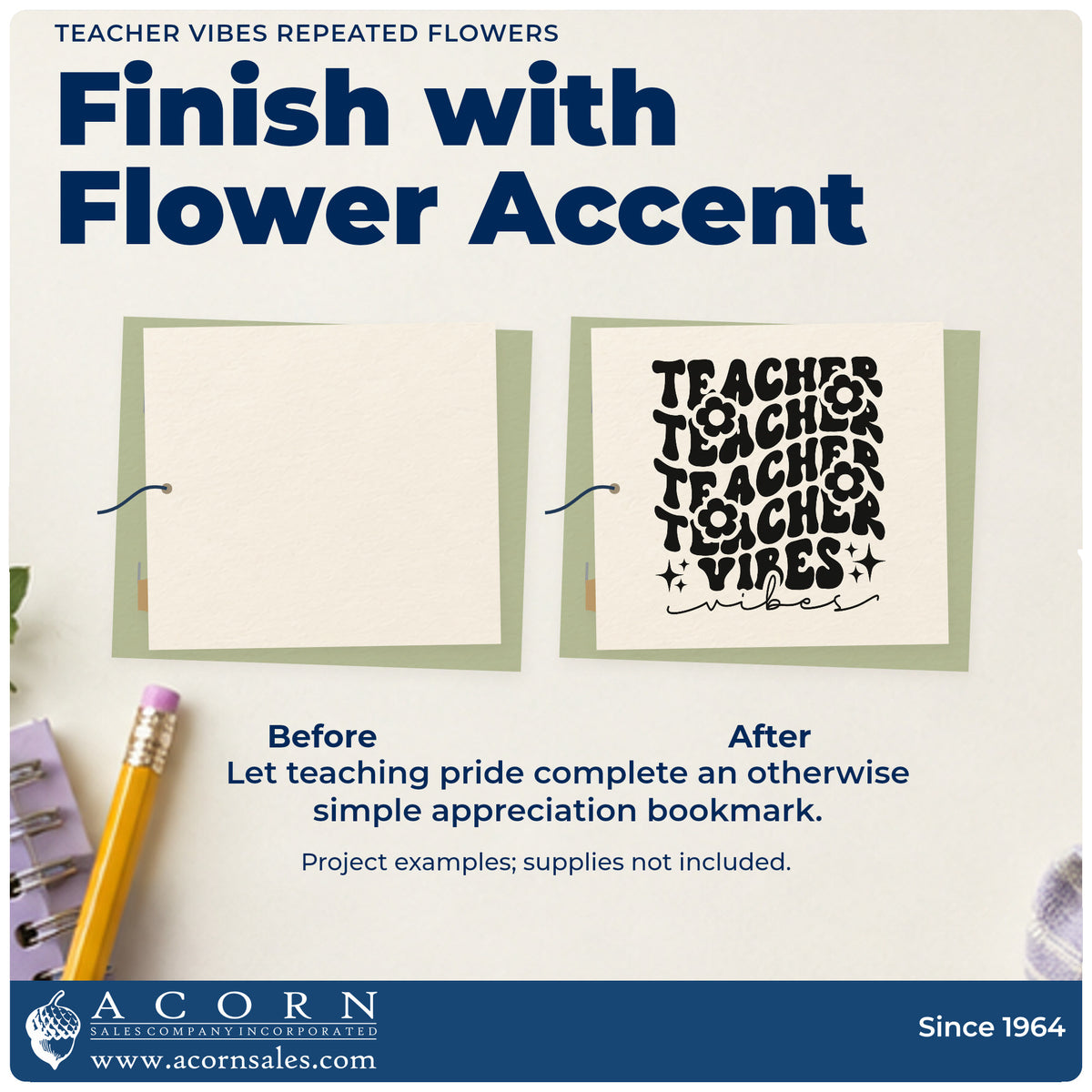 Before and after of a plain item finished with the Teacher Vibes Repeated Flowers With Sparkles Stamp – Premium Vintage Pro Wooden, a quick upgrade for posy wrap seals.