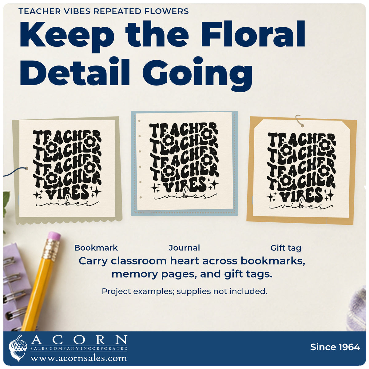 Three project examples made with the Teacher Vibes Repeated Flowers With Sparkles Stamp – Premium Vintage Pro Wooden, including vase base labels.