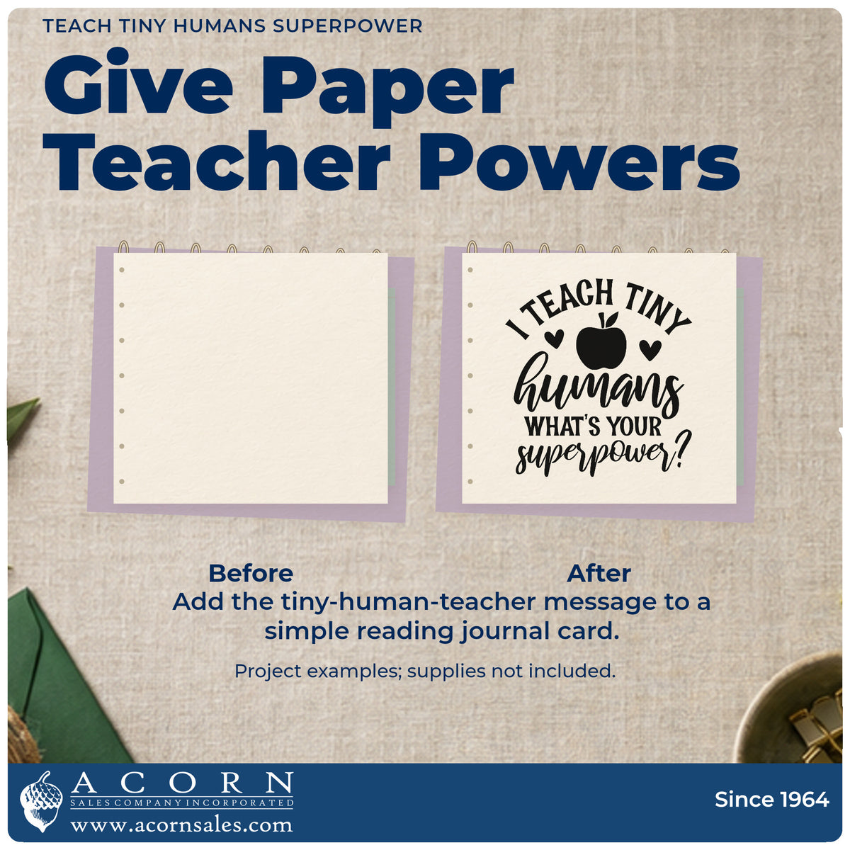 Before and after of a plain item finished with the Teach Tiny Humans Superpower Rubber Stamp – Wood Handle, a quick upgrade for job fair seals.