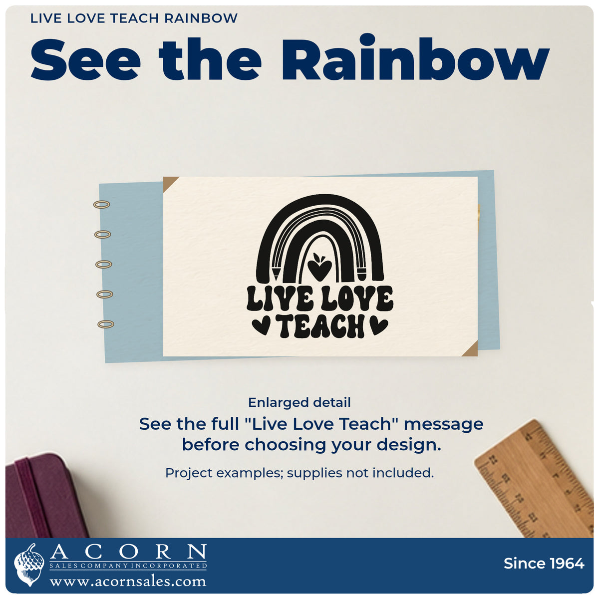Enlarged detail of the Live Love Teach Rainbow Rubber Stamp – Duo Hand imprint. “Live Love Teach” appears beneath a pencil-ended rainbow enclosing a heart, with hearts beside “Teach.”