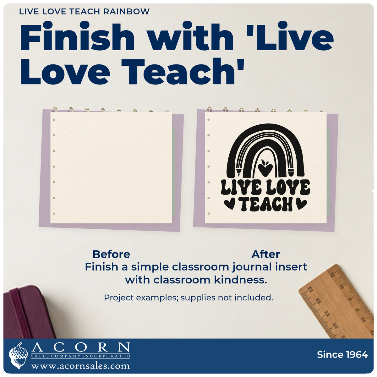 Before and after of a plain item finished with the Live Love Teach Rainbow Rubber Stamp – Duo Hand, a quick upgrade for paint pack seals.