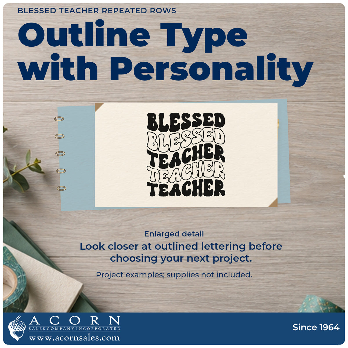 Enlarged detail of the Blessed Teacher Repeated Rows Outline Detail Stamp – Premium Vintage Pro Wooden imprint. “Blessed” repeats twice above three “Teacher” rows in alternating filled and outlined letters.