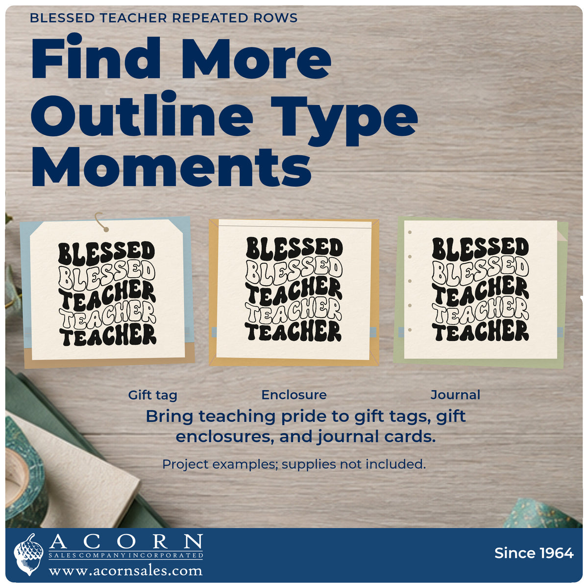 Three project examples made with the Blessed Teacher Repeated Rows Outline Detail Self-Inking Stamp, including hymn shelf labels.