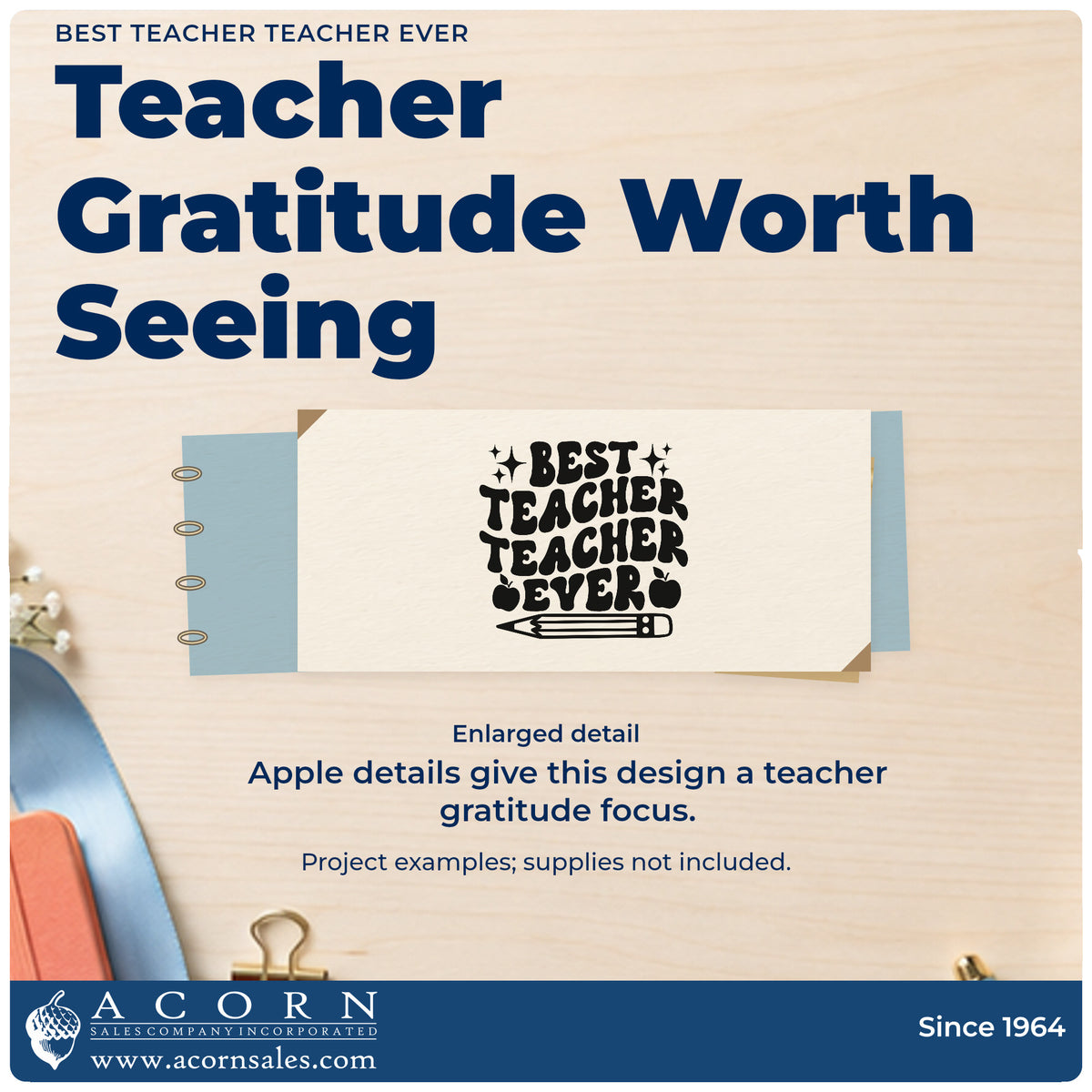Enlarged detail of the Best Teacher Teacher Ever Premium Wooden Stamp – Vintage Pro imprint. “Best Teacher Teacher Ever” appears with sparkles, apples, and a pencil.