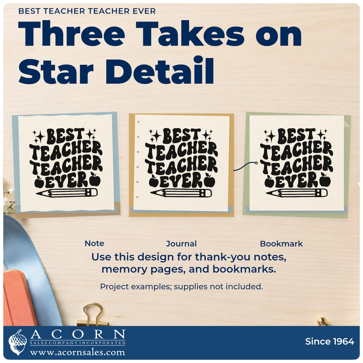 Three project examples made with the Best Teacher Teacher Ever Stamp – Self-Inking, including trophy base labels.