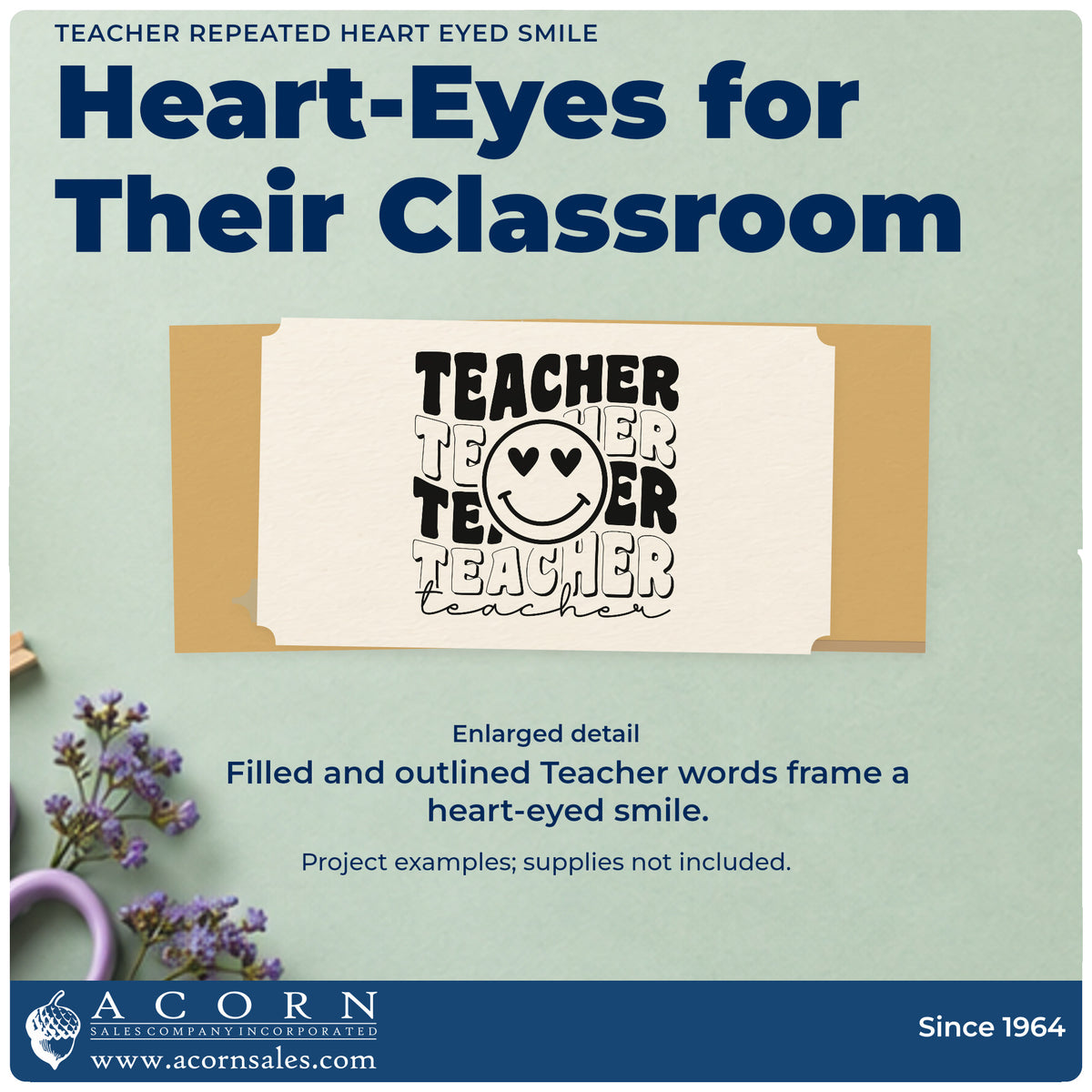 Enlarged detail of the Teacher Repeated Heart Eyed Smile Hand Stamp – Duo imprint. Repeated filled and outlined “Teacher” lettering surrounds a heart-eyed smiley face.