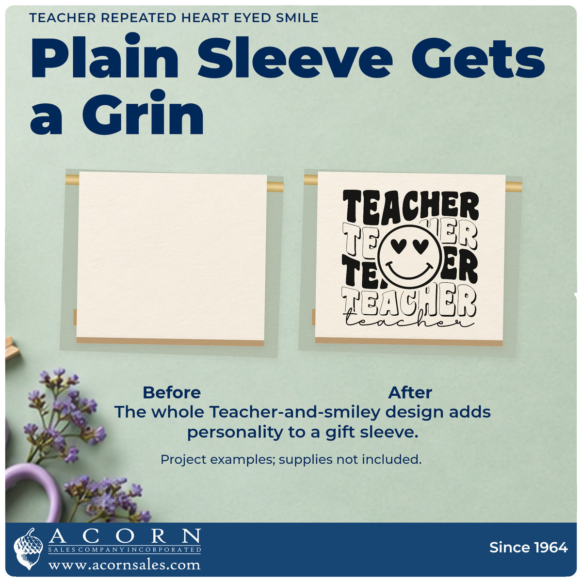 Before and after of a plain item finished with the Teacher Repeated Heart Eyed Smile Hand Stamp – Duo, a quick upgrade for sticker roll seals.